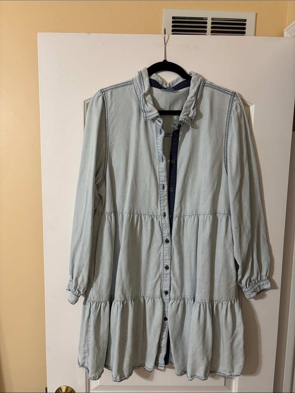 Serra Light Wash Denim Tiered Shirt Dress with Dark Navy Placket
